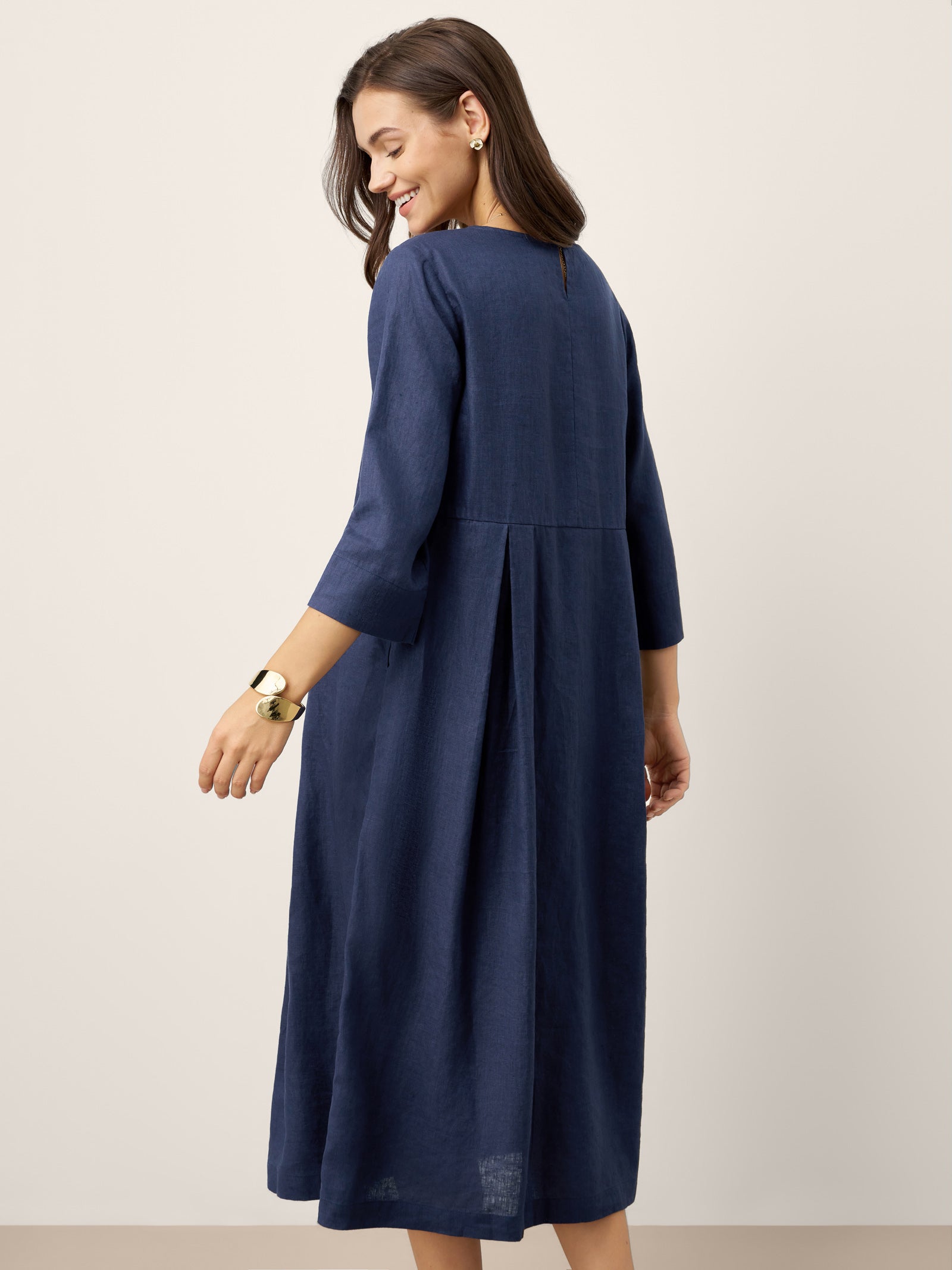 100% Linen Inverted Pleat Waist Button Midi Dress IMARA